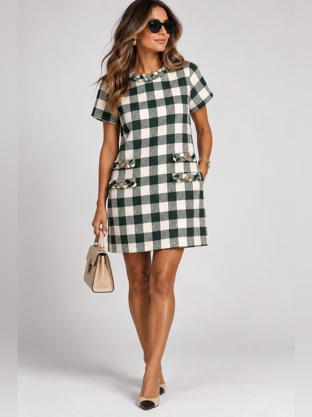 Tuckernuck Tweed Jackie Dress Women’s XXS Shift Gold Buttons Plaid XS